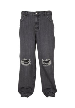 Sorte denim jeans med en afslappet pasform, der har to store rifter ved knæene, tætsiddende huller og en klassisk knaplukning.