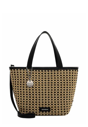 Borsa intrecciata color cuoio e nero con manici e rifiniture in pelle nera, targhetta del marchio argentata e tracolla removibile.