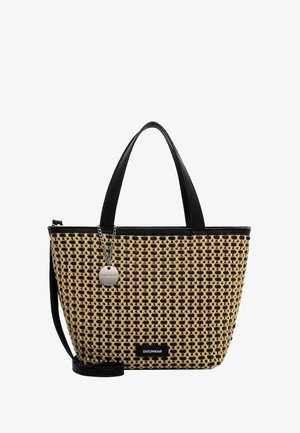 Geweven handtas in tan en zwart met zwarte lederen handgrepen en afwerking, zilveren merkembleem en afneembare schouderriem.