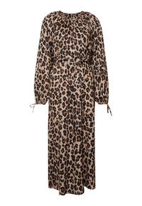 Robe longue à imprimé léopard avec manches longues bouffantes, décolleté froncé, ceinture à la taille et liens aux poignets en marron, noir et beige.