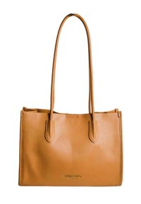 Borsa tote in pelle marrone con doppie tracolle, forma rettangolare, dettagli cuciti e logo impresso nella parte inferiore. Texture liscia.