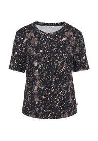 Zwart top met korte mouwen, voorzien van een luipaard- en slangprintpatroon in beige- en crèmekleuren. Gemaakt van zachte, lichte stof; ronde halslijn.
