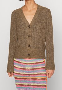 Ruskea ribbineulottu neuletakki V-kaula-aukkolla, viidellä napilla ja pitkällä hihalla. Päällä monivärinen raidallinen neulottu hame, jossa vaihtelevan levyisiä raitoja.