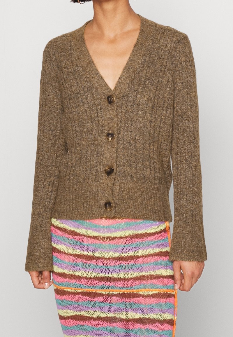 Ruskea ribbineulottu neuletakki V-kaula-aukkolla, viidellä napilla ja pitkällä hihalla. Päällä monivärinen raidallinen neulottu hame, jossa vaihtelevan levyisiä raitoja.