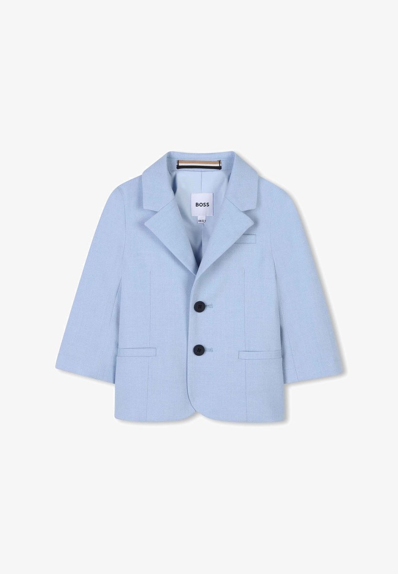 Jasnoniebieska marynarka z wyłogiem, dwoma czarnymi guzikami i dwiema przednimi kieszeniami. Teksturowany materiał o dopasowanym kroju i krótkich rękawach.