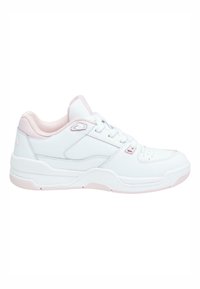 White athletic shoe with pink accents, featuring a smooth leather upper, padded collar, perforated toe for ventilation, and a textured rubber sole.
