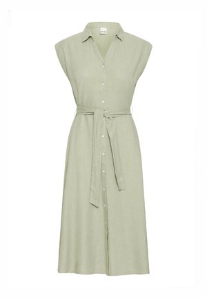Lys grønn, kjnelang skjortekjole med korte ermer, knapper foran og belte som knytes i livet. Laget av et teksturert stoff.