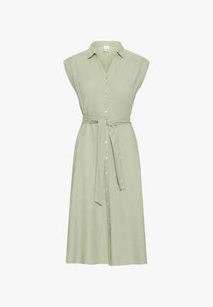 Lys grønn, kjnelang skjortekjole med korte ermer, knapper foran og belte som knytes i livet. Laget av et teksturert stoff.
