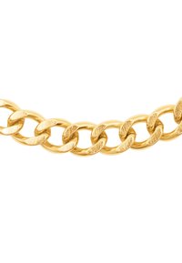 Collier en métal doré présentant des maillons entrelacés avec des surfaces polies et texturées, affichant une forme épaisse et arrondie.