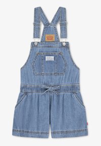 Σορτς ολόσωμο τζιν σε ανοιχτό μπλε, με ρυθμιζόμενους ιμάντες ώμων, μπροστινή τσέπη και ελαστική μέση με δέσιμο.