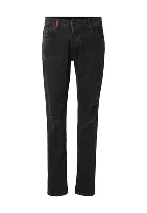 Jean slim noir avec des zones usées sur l'avant des cuisses et des genoux, doté de poches avant et de passants pour ceinture.
