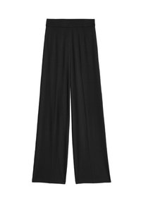 Pantalon noir à jambes larges avec une taille haute et des détails de coutures verticales, posé à plat sur un fond blanc.