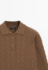 Brauner gestrickter Pullover mit einem Zopfmuster, Kragen-Design und einer Knopfleiste mit drei Knöpfen. Hergestellt aus weichem Stoff, detaillierte Textur sichtbar.