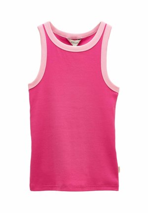 Sleeveless pink toddler tank top with light pink trim around neckline and armholes, made of soft ribbed fabric.