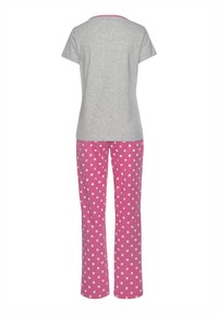 Gray cotton t-shirt with short sleeves and a pink collar, paired with pink pants featuring white polka dots. Back view displaying both pieces.