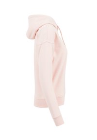 Világos rózsaszín kapucnis pulóver állítható húzózsinórral, bordázott mandzsettákkal és szegéllyel. Puha pamut keverék anyag, laza szabással és oldalsó varratokkal tervezve.