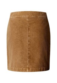 Gonna mini in corduroy marrone con taglio dritto, caratterizzata da righe verticali e un orlo discreto, che offre una finitura morbida e testurizzata.