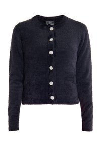 Navy modrý huňatý cardigan s kulatým výstřihem, dlouhými rukávy a šesti velkými kovovými knoflíky podél předního zapínání. Měkká textura.