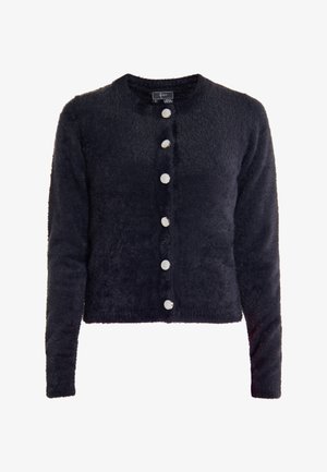 Navy blauer flauschiger Cardigan mit Rundhalsausschnitt, langen Ärmeln und sechs großen Metallknöpfen entlang der Vorderseite. Weiche Textur.