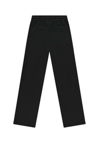 Zwarte wijde broek met een gladde textuur en elastische tailleband. Heeft twee achterzakken en een eenvoudig, recht gesneden ontwerp.