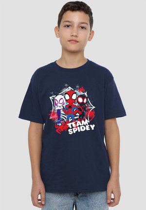 Navy blue cotton t-shirt featuring a graphic of three cartoon spiders and the text "TEAM SPIDEY" in white, with red accents and a splatter background.