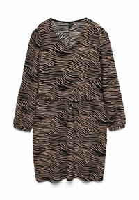 Robe à manches longues en tissu doux avec un décolleté en V, ornée d'un motif en vagues noir et beige et d'une ceinture à nouer à la taille pour un ajustement.