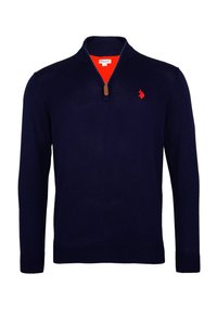 Marineblauer langärmeliger Pullover mit Viertel-Reißverschluss-Kragen, rotem Innenfutter und kleinem roten gestickten Polo-Spieler-Logo auf der Brust.