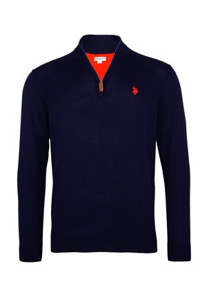 Maglione navy blue a maniche lunghe con colletto a zip a un quarto, fodera interna rossa e piccolo logo del giocatore di polo ricamato in rosso sul petto.