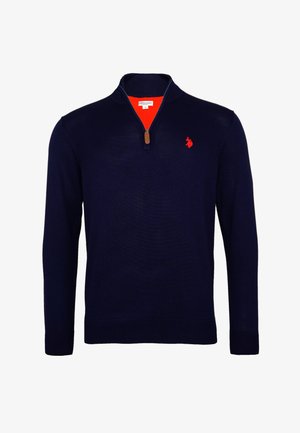 Maglione navy blue a maniche lunghe con colletto a zip a un quarto, fodera interna rossa e piccolo logo del giocatore di polo ricamato in rosso sul petto.