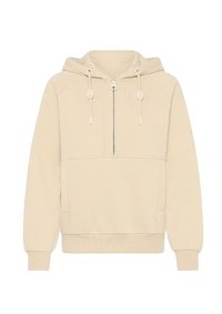 Beige zip-up hoodie with a drawstring hood, ribbed cuffs, and a front pocket. Soft texture and relaxed fit, suitable for casual wear.