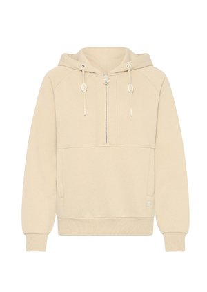 Beige zip-hoodie med snor i hætten, ribbede manchetter og en lomme på fronten. Blød tekstur og afslappet pasform, velegnet til afslappet brug.