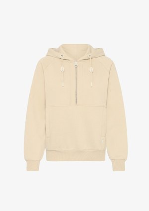 Beživi zip-up dukserica s kapuljačom na vezanje, rebrastim manžetama i prednjim džepom. Mekani materijal i ležeran kroj, prikladni za svakodnevno nošenje.