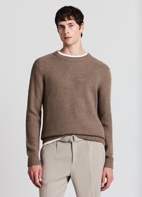 Maglione marrone lavorato a maglia con motivo a rilievo, scollo rotondo e polsini a costine. Indossato sopra una maglietta bianca, abbinato a pantaloni di colore chiaro.