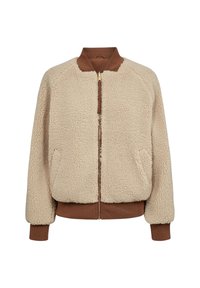 Veste bomber en sherpa beige avec col, poignets et ourlets côtelés marron, fermeture éclair à l'avant et poches latérales.