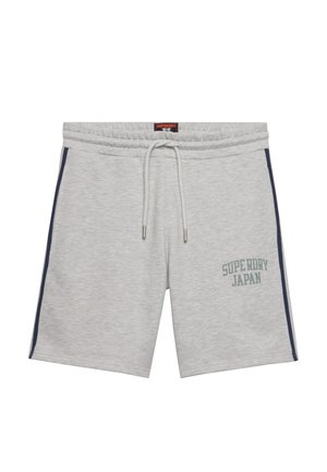 Pantaloncini sportivi grigio chiaro con strisce laterali blu navy, vita elastica, coulisse e stampa "Superdry Japan" sulla coscia sinistra.