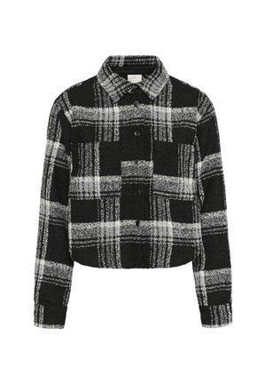 Cropped black and white checkered jacket with a button-up front, classic collar, and textured fabric. Features two front pockets.