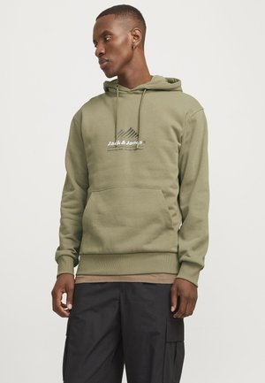 Olive green hoodie with a front pocket, adjustable drawstring hood, and logo graphic in white and gray. Soft, cotton-blend fabric.