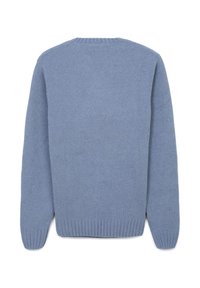 Blauer Strickpullover mit rundem Ausschnitt, gerippten Bündchen und Saum, der eine weiche Textur und eine lockere Passform aufweist. Einfache Rückansicht.