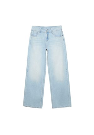 Svetlomodré riflové nohavice so širokými nohavicami, dvojitými prednými gombíkmi, prednými a zadnými vreckami a jemným blednutím na stehnách.