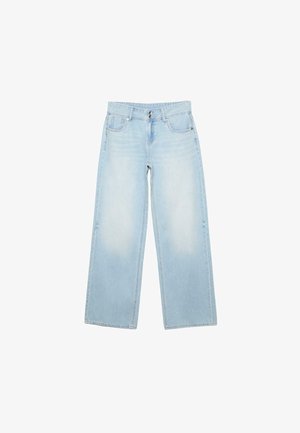 Svetlo modre kavbojke iz jeansa s širokimi hlačnicami, dvema sprednjima gumboma, žepi spredaj in zadaj ter rahlim bledenjem na stegnih.