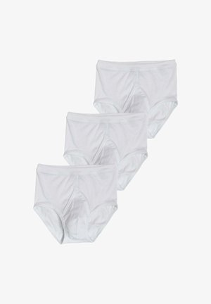 Tre mutande in cotone bianche da uomo, disposte a pila sfalsata su uno sfondo bianco.