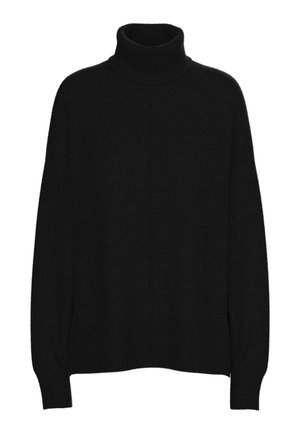 Sweater preto de gola alta feito de material suave, apresentando um corte relaxado, mangas longas, punhos canelados e uma textura lisa em todo o tecido.