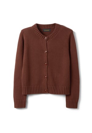 Cardigan marrone lavorato a maglia con cinque bottoni davanti, polsini, orlo e scollatura a coste, steso su sfondo bianco.