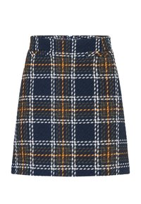 Marine blauw geruite rok met geweven textuur en witte, oranje en groene lijnen. Rechte snit met een tailleband en twee voorkruiken.