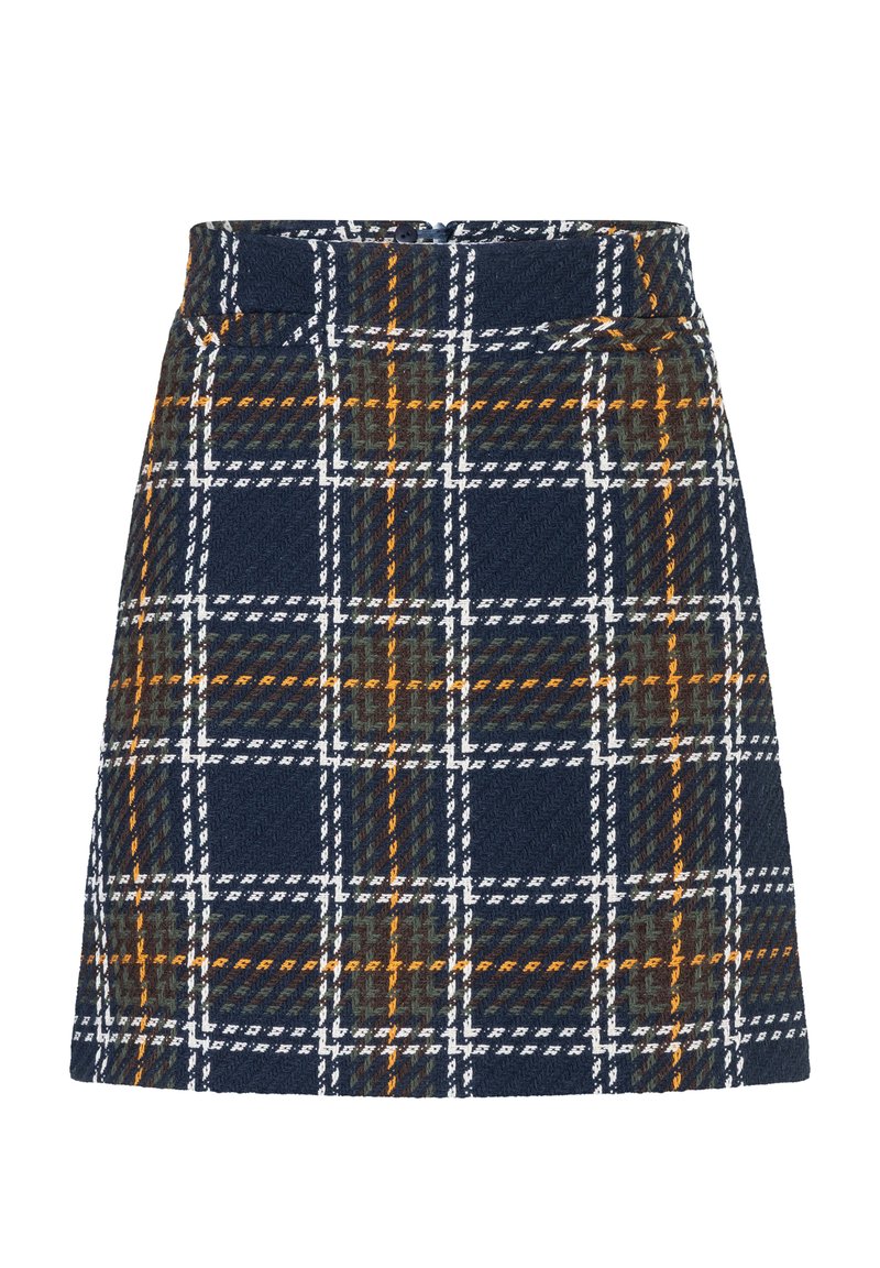 Marine blauw geruite rok met geweven textuur en witte, oranje en groene lijnen. Rechte snit met een tailleband en twee voorkruiken.