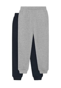 Twee paren opgevouwen casual sweatpants, één lichtgrijs en één zwart, met elastische taillebanden en boorden, gestapeld op een witte achtergrond.