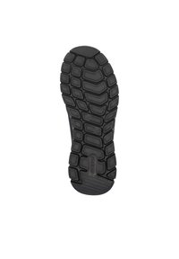 Semelle en caoutchouc noire d’une chaussure avec des crampons profonds et rectangulaires, et le nom de la marque "Rieker" embossé près du talon.