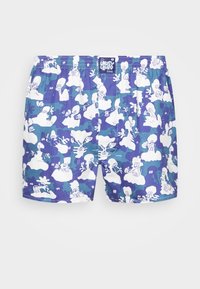 Pantaloni de baie alb-albaștri cu un model de desene animate cu personaje și forme. Fabricat dintr-un material ușor, cu un brâu elastic.