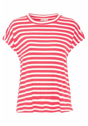 Sarkans un balts svītrojums, īsas piedurknes, apaļa dekoltē, viegla auduma, brīvs piegriezums, ar gludu tekstūru.