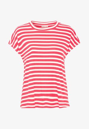 Camiseta corta de manga corta a rayas rojas y blancas, con cuello redondo, fabricada en tejido ligero, de corte relajado y textura suave.